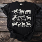 Black t-shirt with white illustration of horses and text "respect the locals"