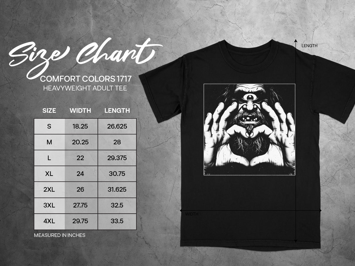 Comfort Colors 1717 heavyweight adult tee size chart with width and length measurements in inches.
