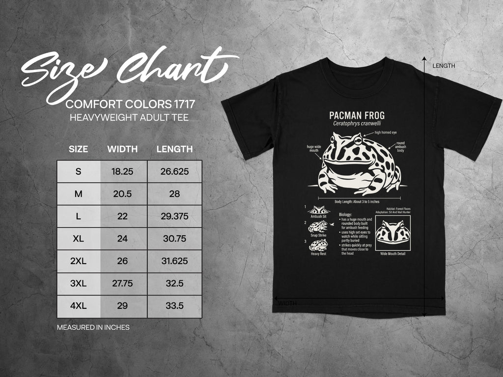 Comfort Colors 1717 heavyweight adult tee size chart with Pacman frog graphic.