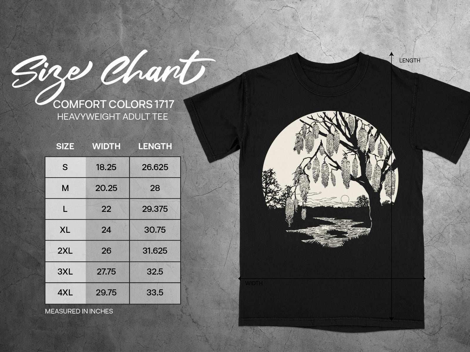 Comfort Colors 1717 heavyweight adult tee size chart with width and length measurements in inches.