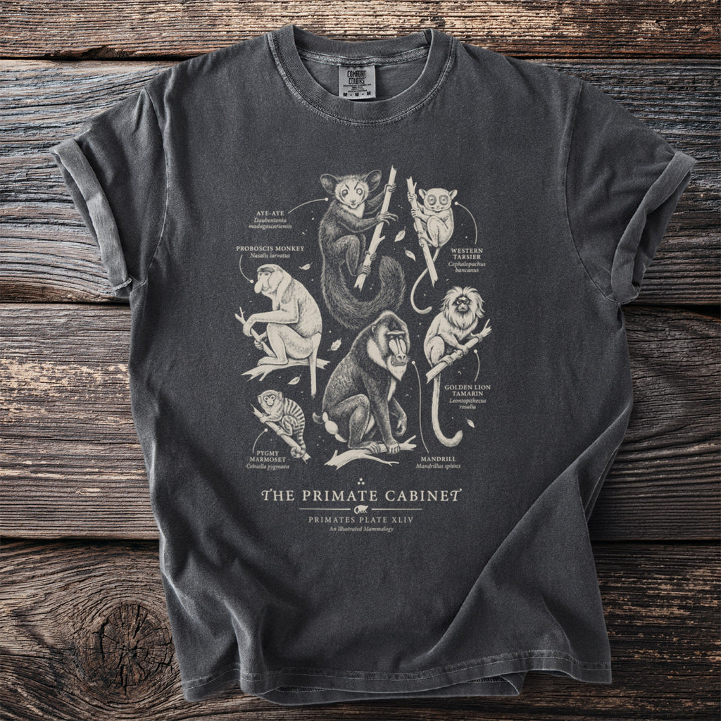 T-shirt with illustrated primates: Aye-aye, Proboscis Monkey, Tarsier, Tamarin, Marmoset, and Mandrill.