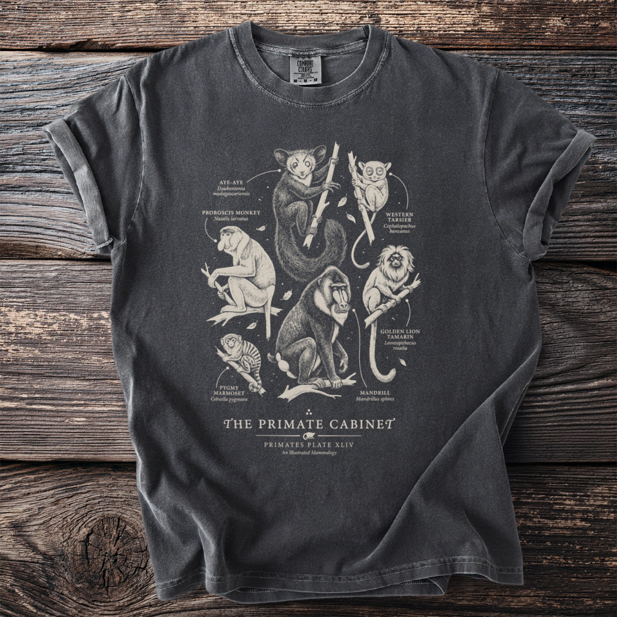 T-shirt with illustrated primates: Aye-aye, Proboscis Monkey, Tarsier, Tamarin, Marmoset, and Mandrill.