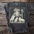 A bearded man with a tree for a head stands with three wolves.