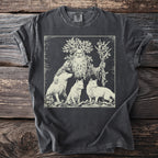 A bearded man with a tree for a head stands with three wolves.