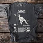 T-shirt with Hoatzin bird diagram labeled with anatomy and biology facts.