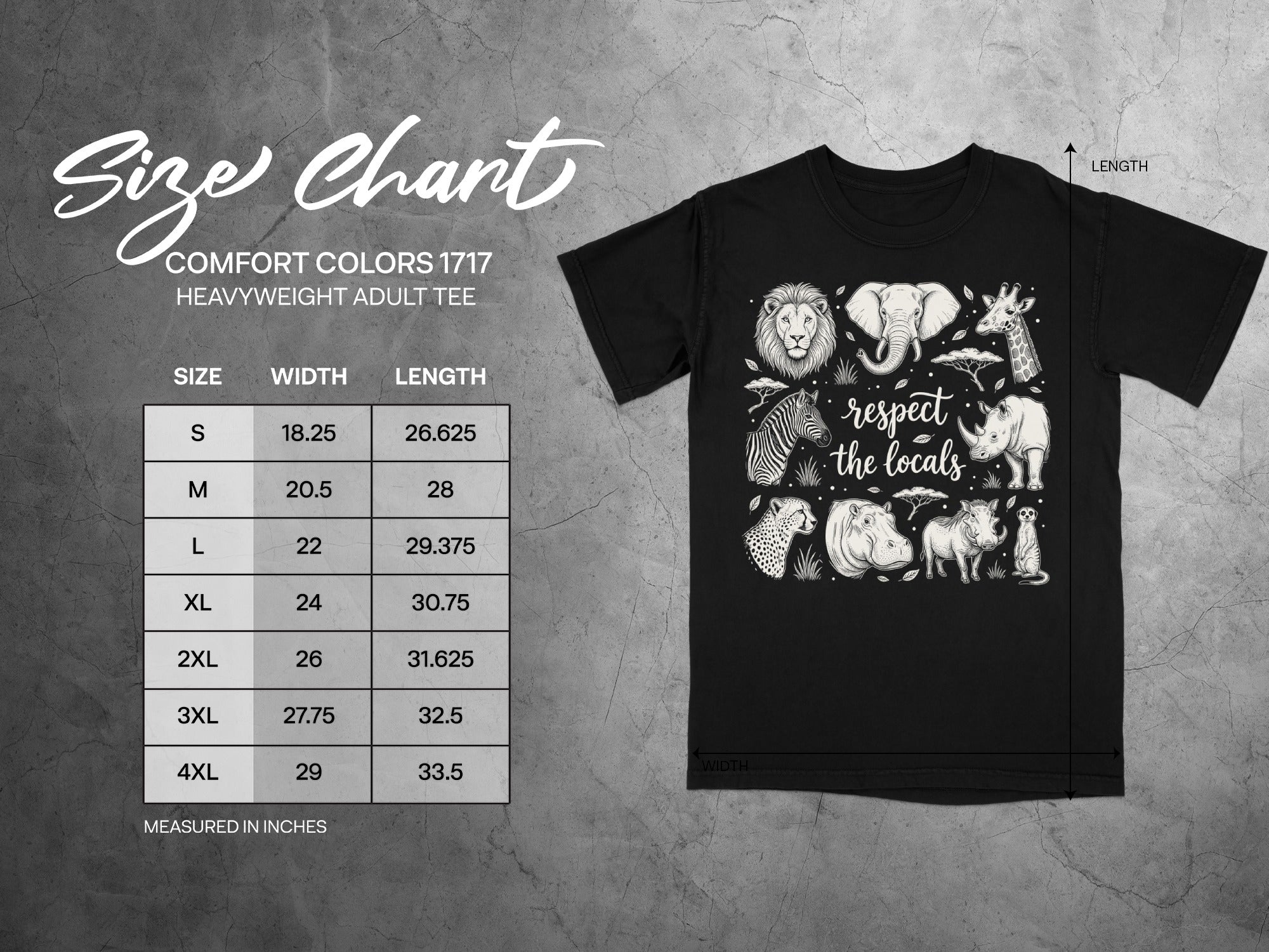 Black t-shirt with safari animals and "respect the locals" text, alongside a size chart.
