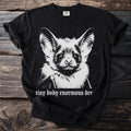 Black t-shirt with a print of a bat and text "tiny body enormous dre".