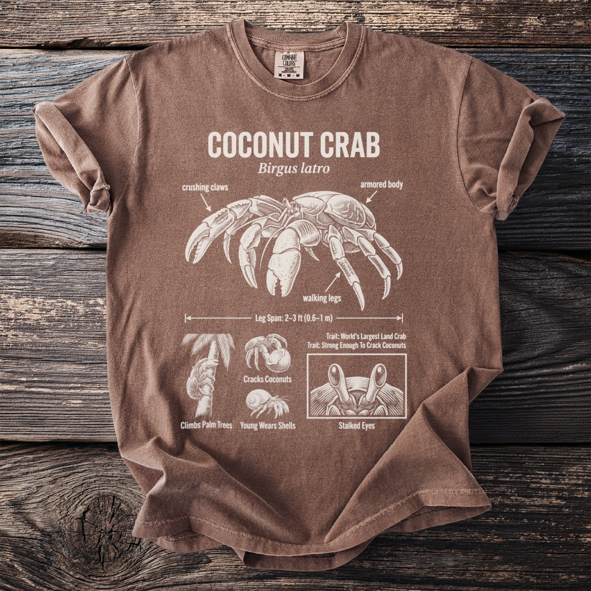 Brown t-shirt with Coconut Crab illustration and scientific details.