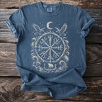 Blue t-shirt with white Viking-inspired circular graphic featuring a ship, ravens, and moon.