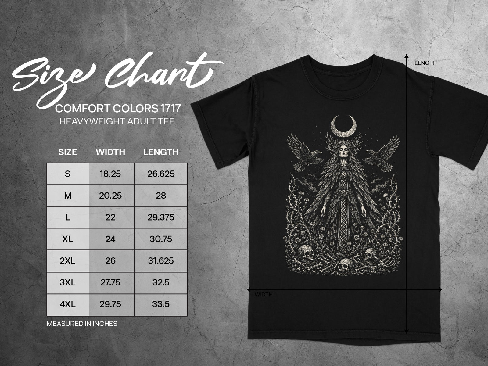 Size chart for Comfort Colors 1717 heavyweight adult tee with illustration.
