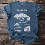 Blue t-shirt with diagram of chameleon anatomy and behaviors.