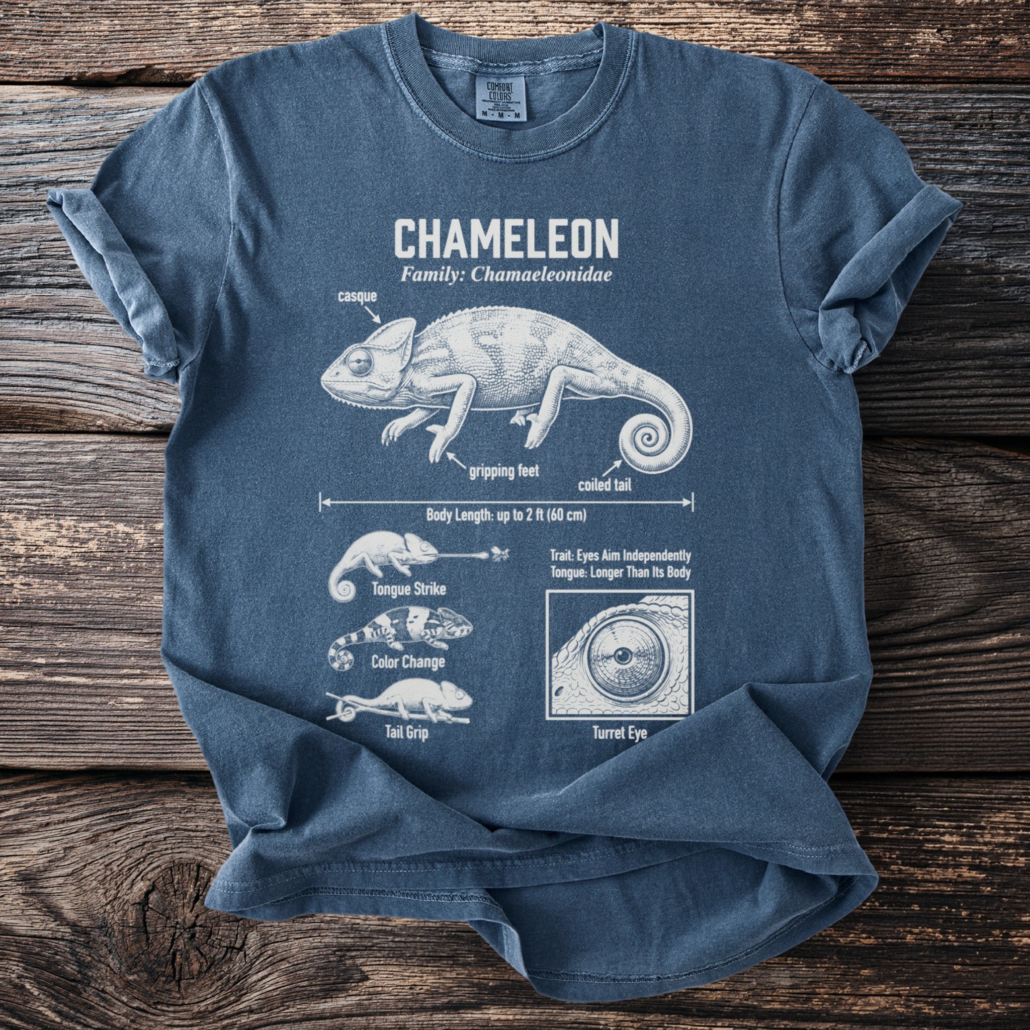 Blue t-shirt with diagram of chameleon anatomy and behaviors.
