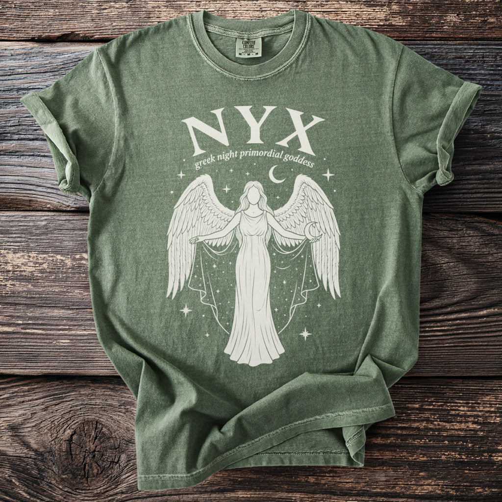 Green t-shirt with "NYX greek night primordial goddess" graphic.