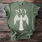 Green t-shirt with "NYX greek night primordial goddess" graphic.