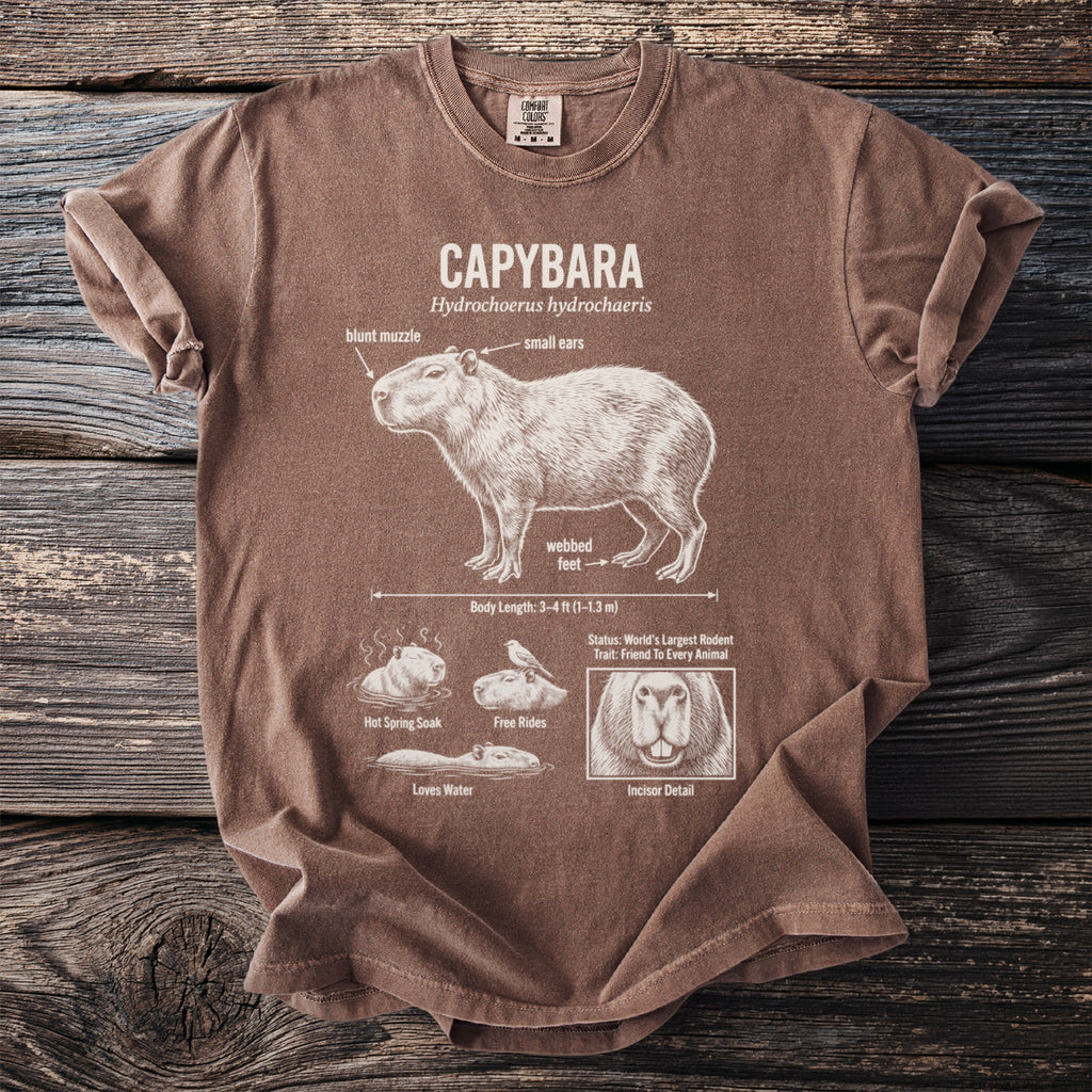Brown t-shirt with a capybara diagram featuring its features and behaviors.
