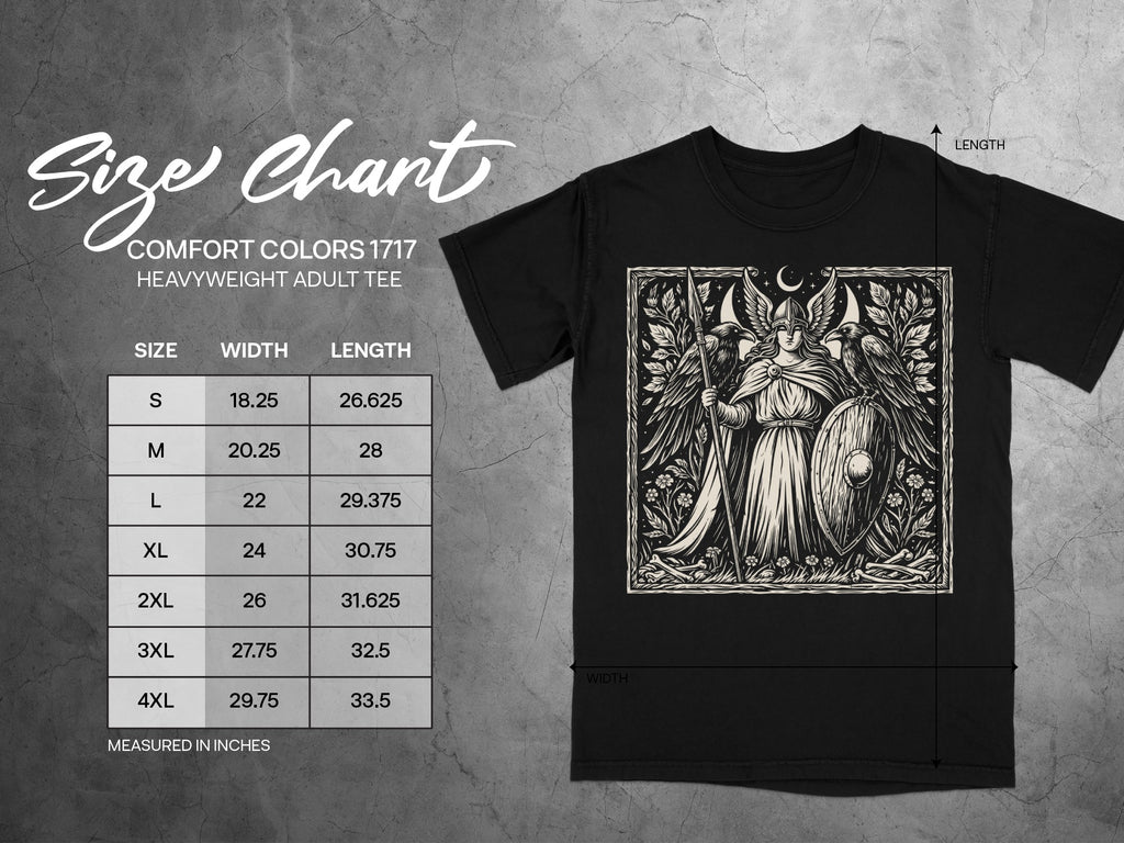 Comfort Colors 1717 heavyweight adult tee size chart with measurements in inches.