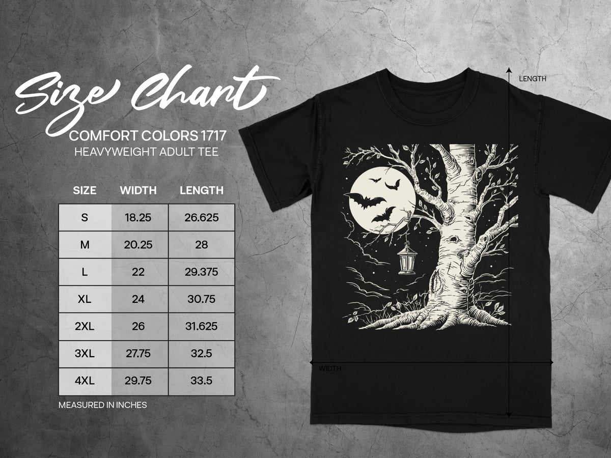 Comfort Colors 1717 heavyweight adult tee size chart with width and length measurements.