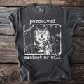 Dark gray t-shirt with a black and white graphic of an owl and text.