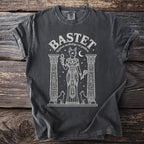 Front of t-shirt with "BASTET egyptian mythology cat goddess" and feline goddess graphic.