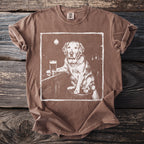 Brown t-shirt with a vintage illustration of a Golden Retriever sitting at a bar with a beer.