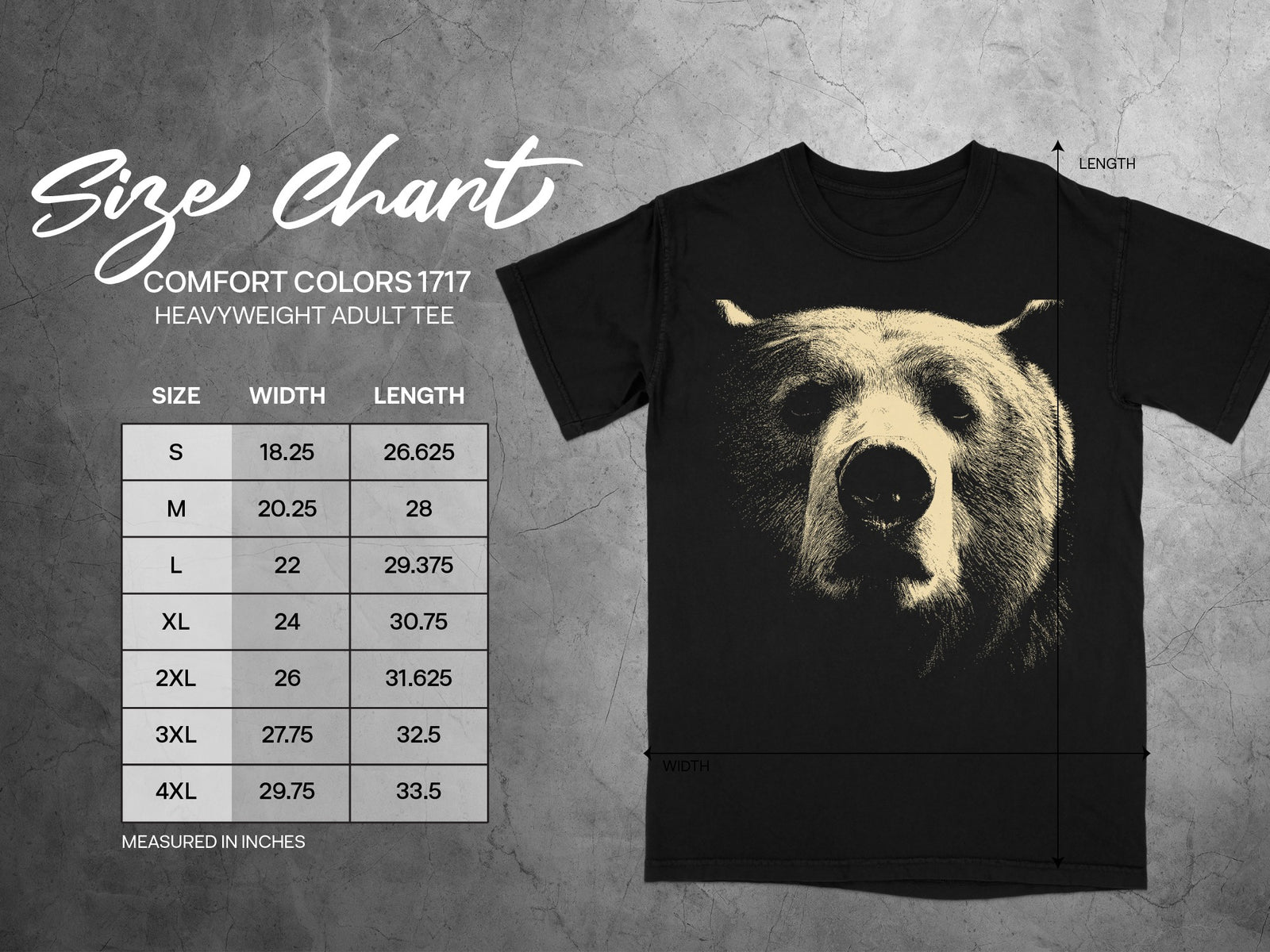 Size chart for Comfort Colors 1717 heavyweight adult tee with bear graphic.