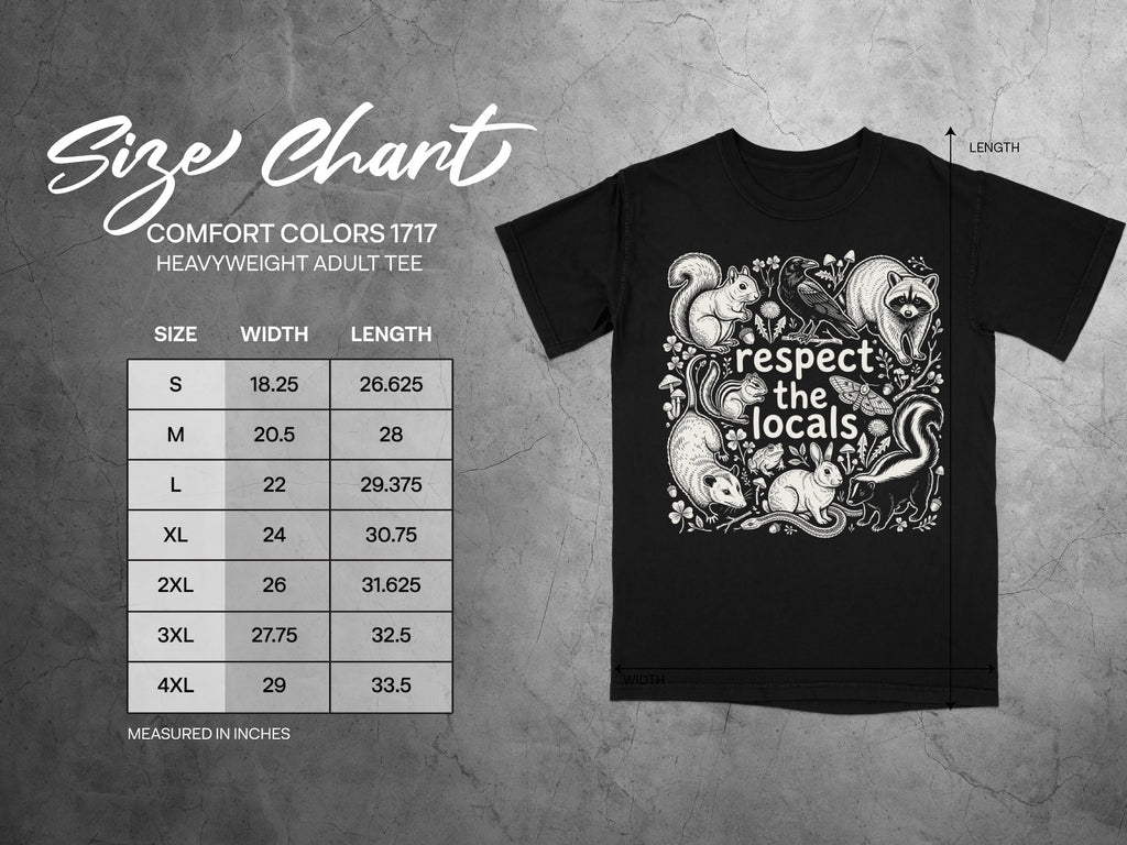 Size chart for Comfort Colors 1717 heavyweight adult tee with woodland creature graphic.