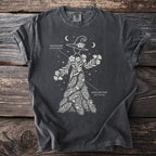 Dark t-shirt with a white graphic of a witch hat and botanical elements, labeled Oleander and English Yew.