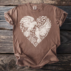 Brown t-shirt with white two birds forming a heart with floral accents.