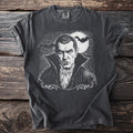Dark grey t-shirt with a vintage illustration of a vampire with fangs and bats.