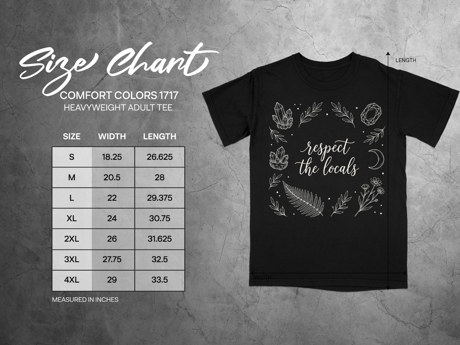Comfort Colors 1717 heavyweight adult tee size chart with measurements.