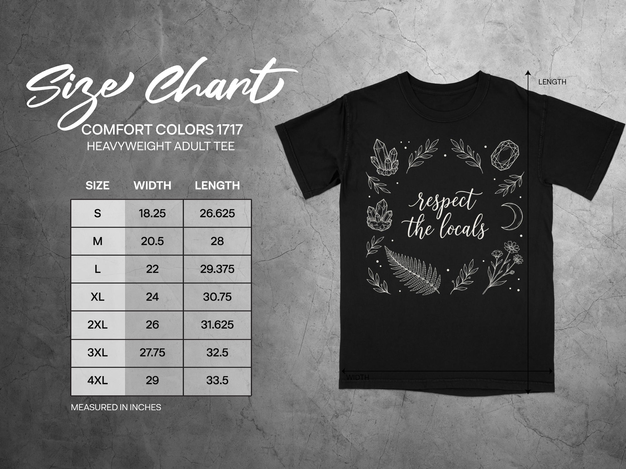 Comfort Colors 1717 heavyweight adult tee size chart with measurements.