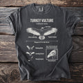 Dark grey t-shirt with Turkey Vulture anatomical illustration and facts.