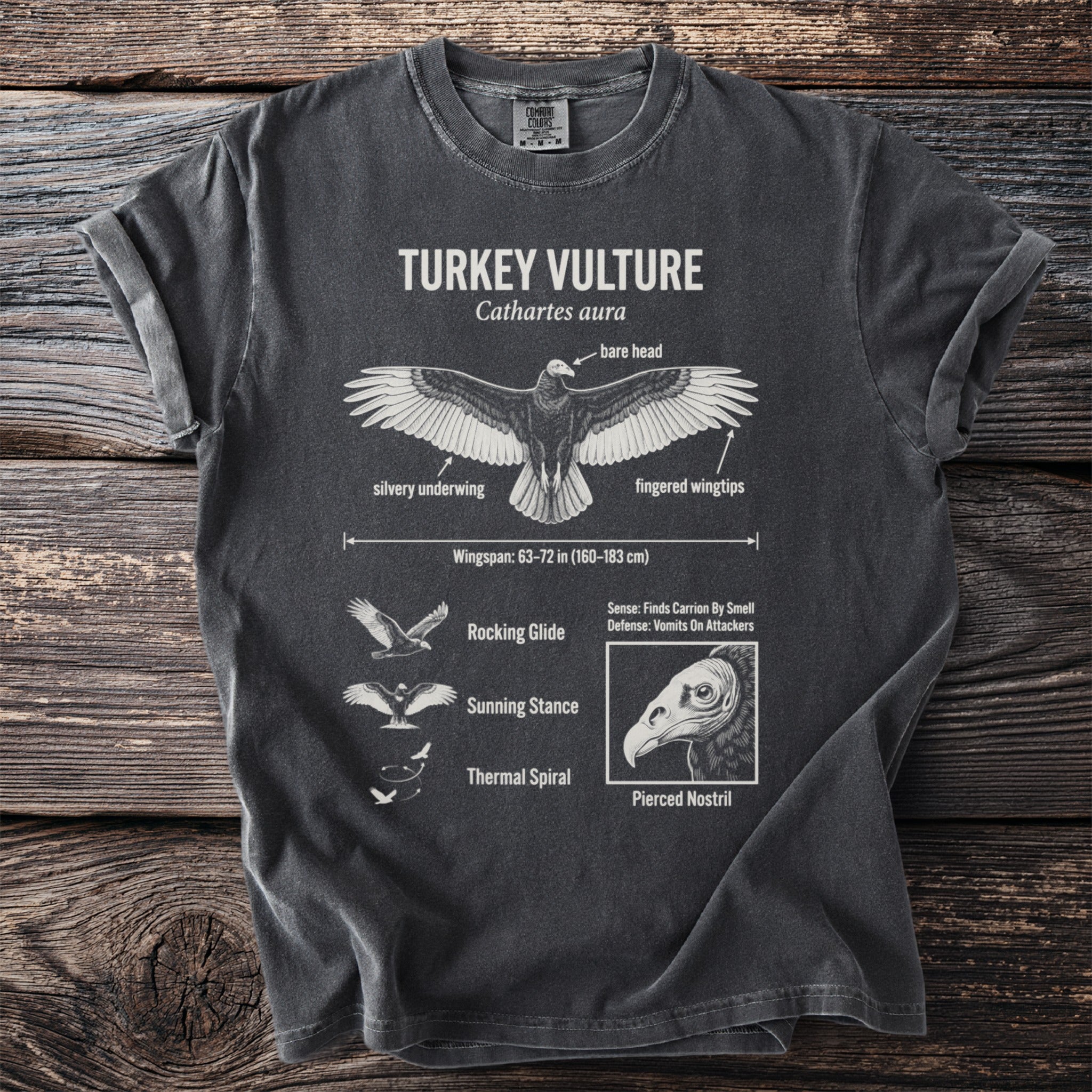 Dark grey t-shirt with Turkey Vulture anatomical illustration and facts.