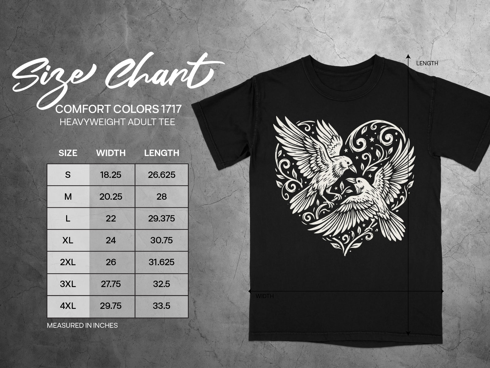 Comfort Colors 1717 heavyweight adult tee size chart with width and length measurements.