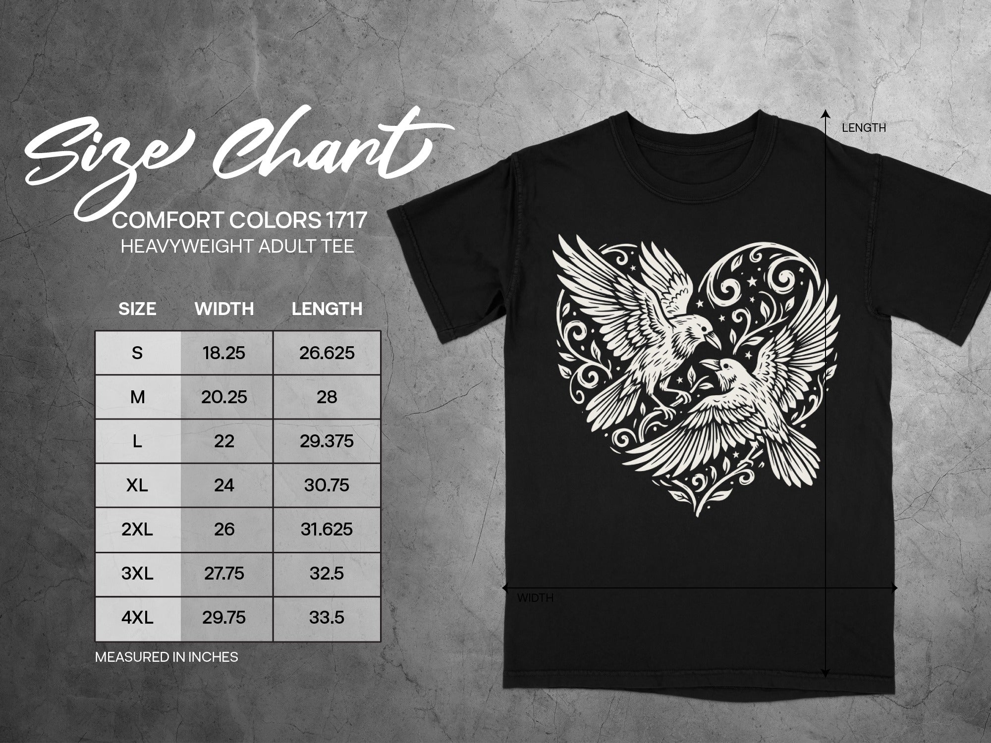 Comfort Colors 1717 heavyweight adult tee size chart with width and length measurements.