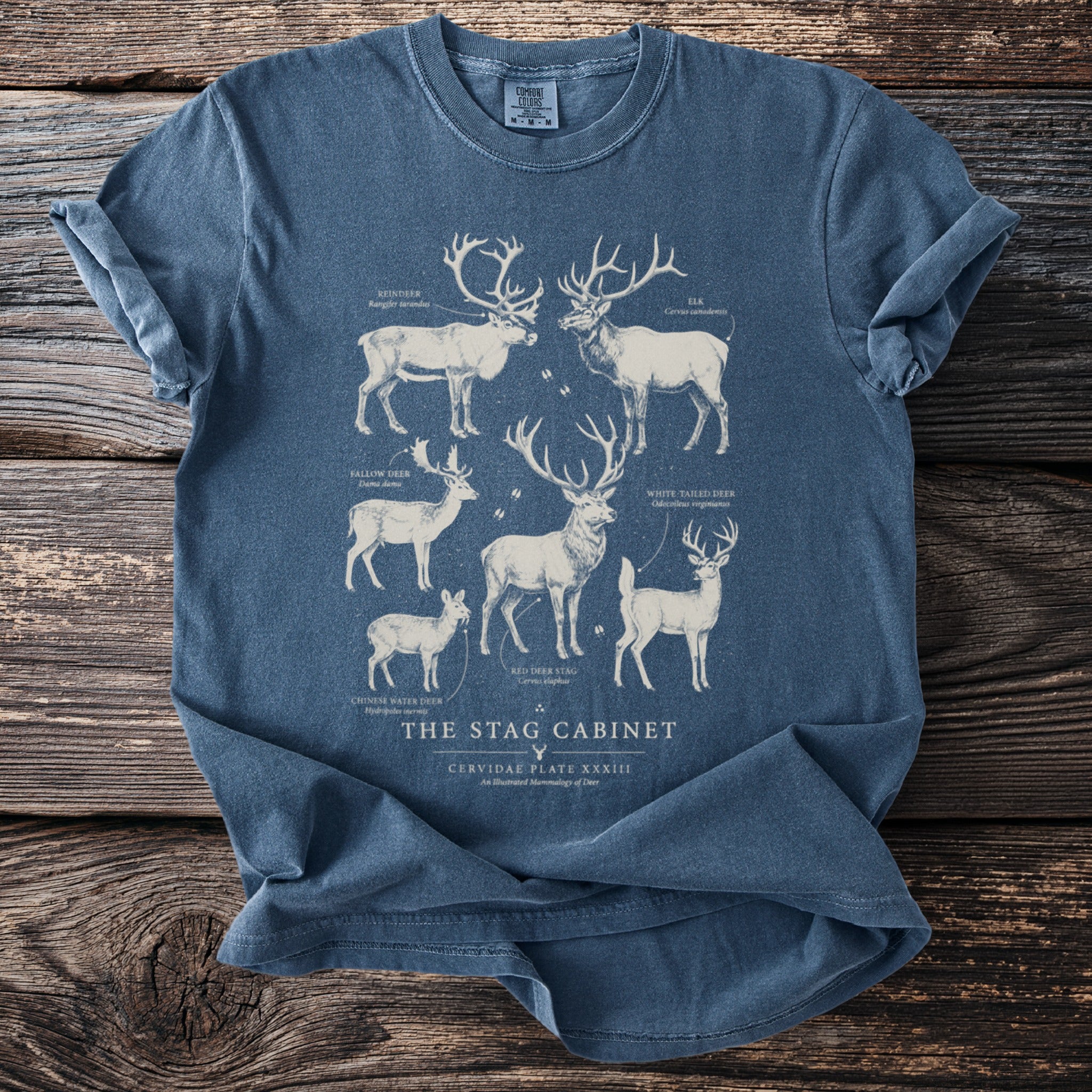 T-shirt with illustrations of six deer species and the text "The Stag Cabinet".