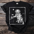 Black t-shirt with a drawing of a golden retriever at a bar with a beer.