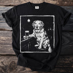 Black t-shirt with a drawing of a golden retriever at a bar with a beer.
