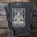 Dark t-shirt with illustration of Cernunnos, a Celtic deity, with text.