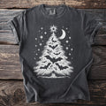 Dark gray t-shirt with white graphic of bat-adorned Christmas tree under moon and stars.