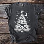 Dark gray t-shirt with white graphic of bat-adorned Christmas tree under moon and stars.
