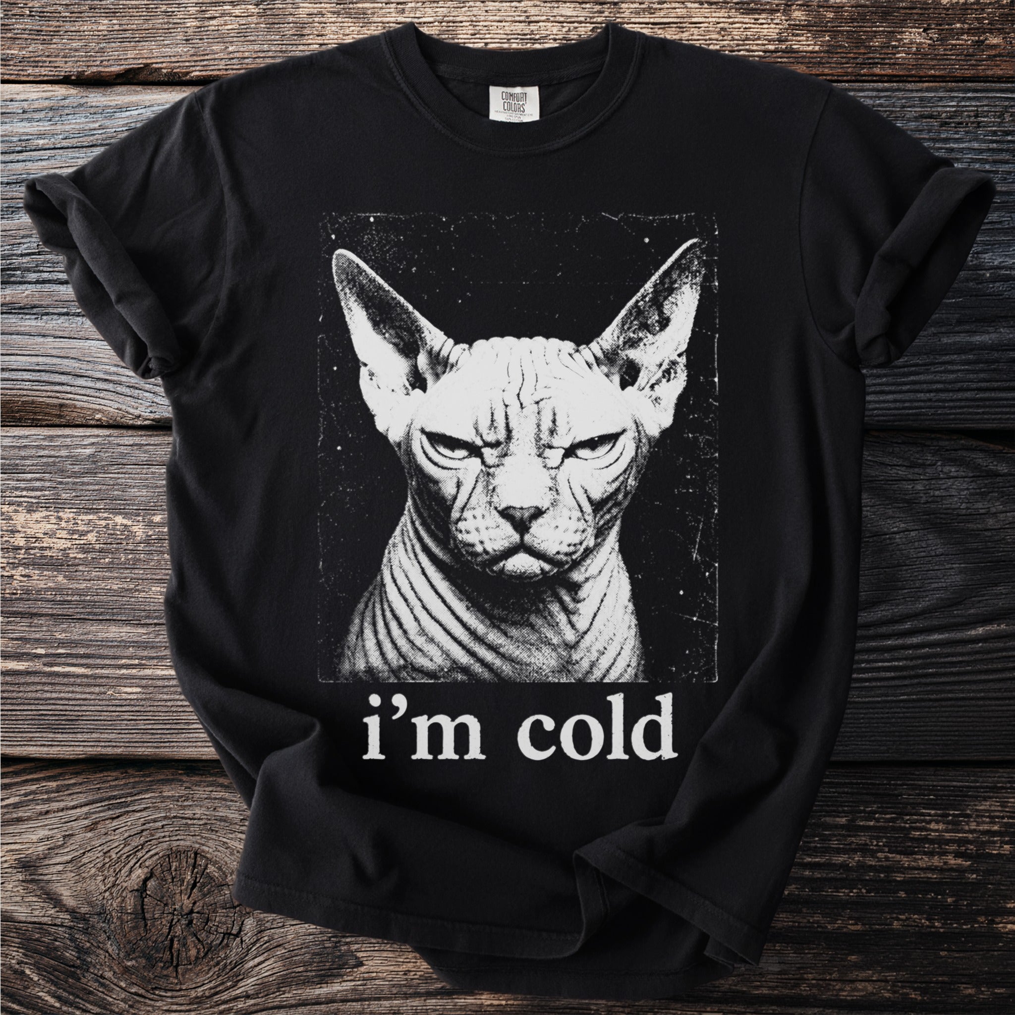 Black t-shirt with a Sphynx cat graphic and text "i'm cold".
