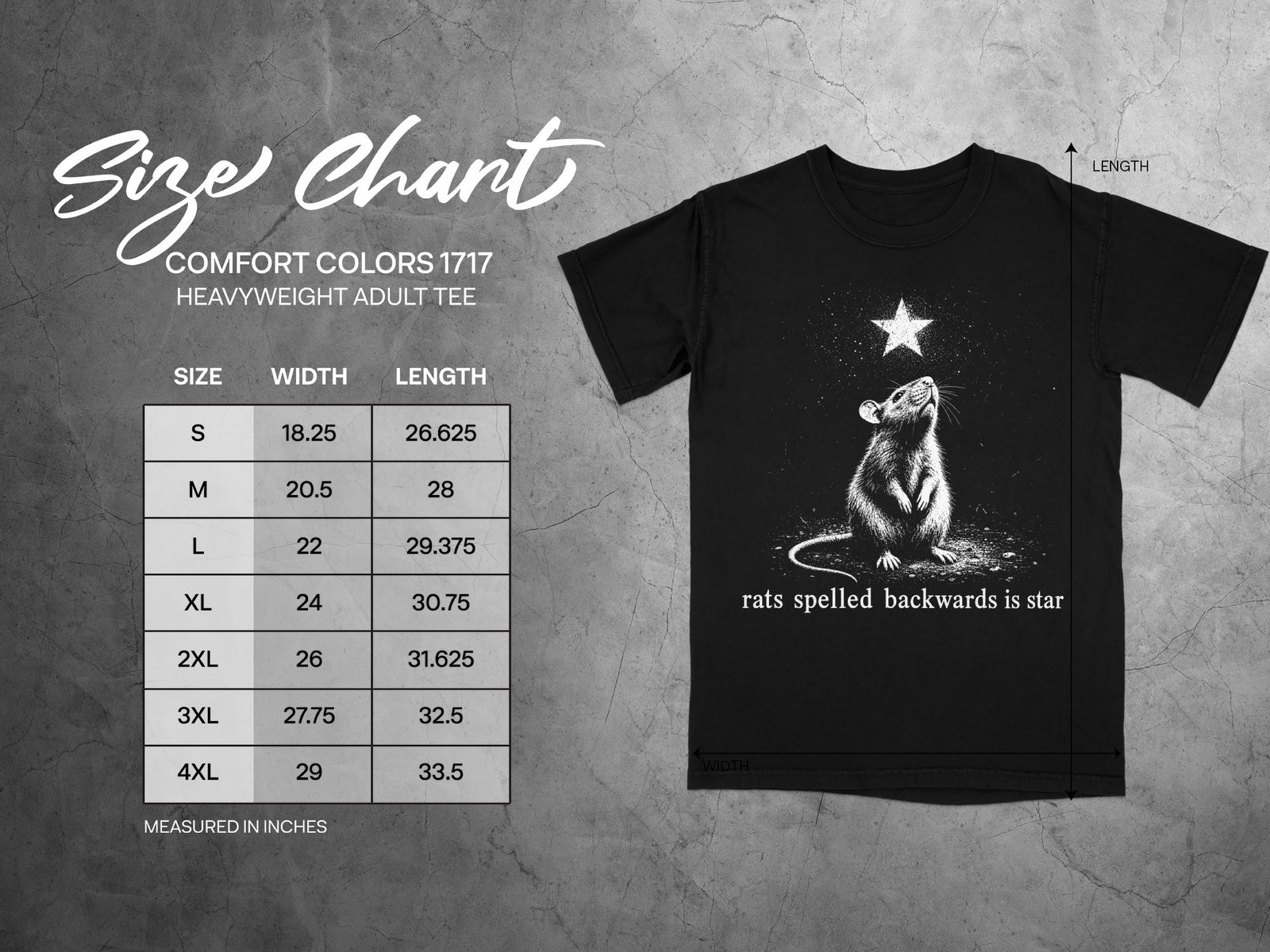 Comfort Colors 1717 garment size chart in inches.