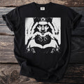 Black t-shirt with a king wearing a crown, holding hands over his beard.
