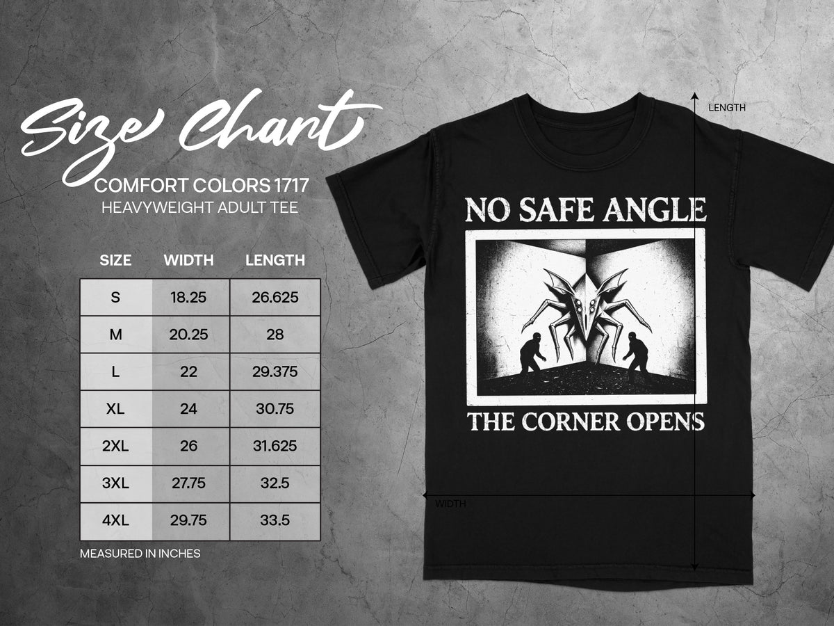 Size chart for Comfort Colors 1717 heavyweight adult tee with graphic.