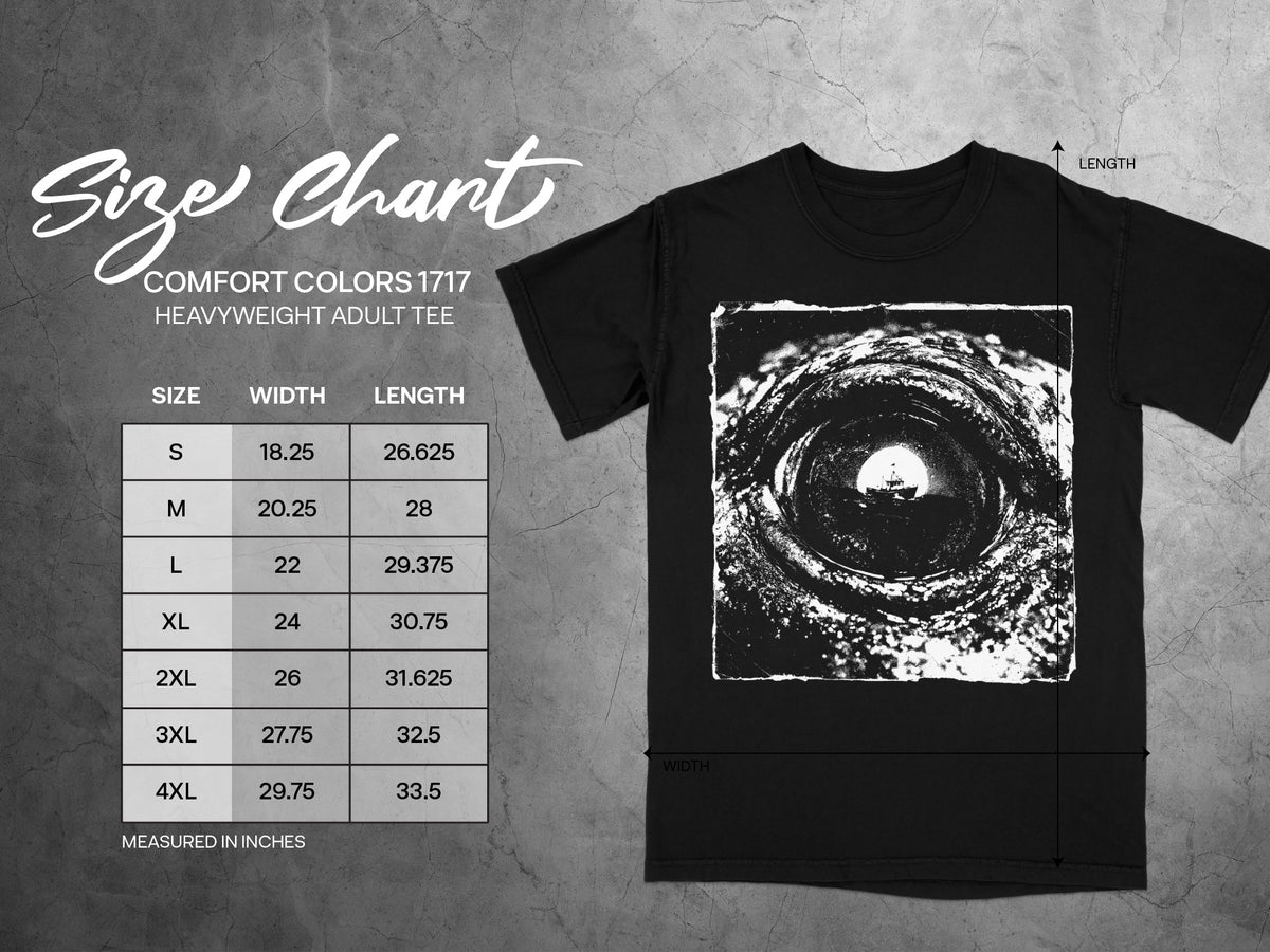 Comfort Colors 1717 heavyweight adult tee size chart with width and length measurements.