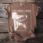 Brown t-shirt with white text "i do what i want" and werewolf graphic.