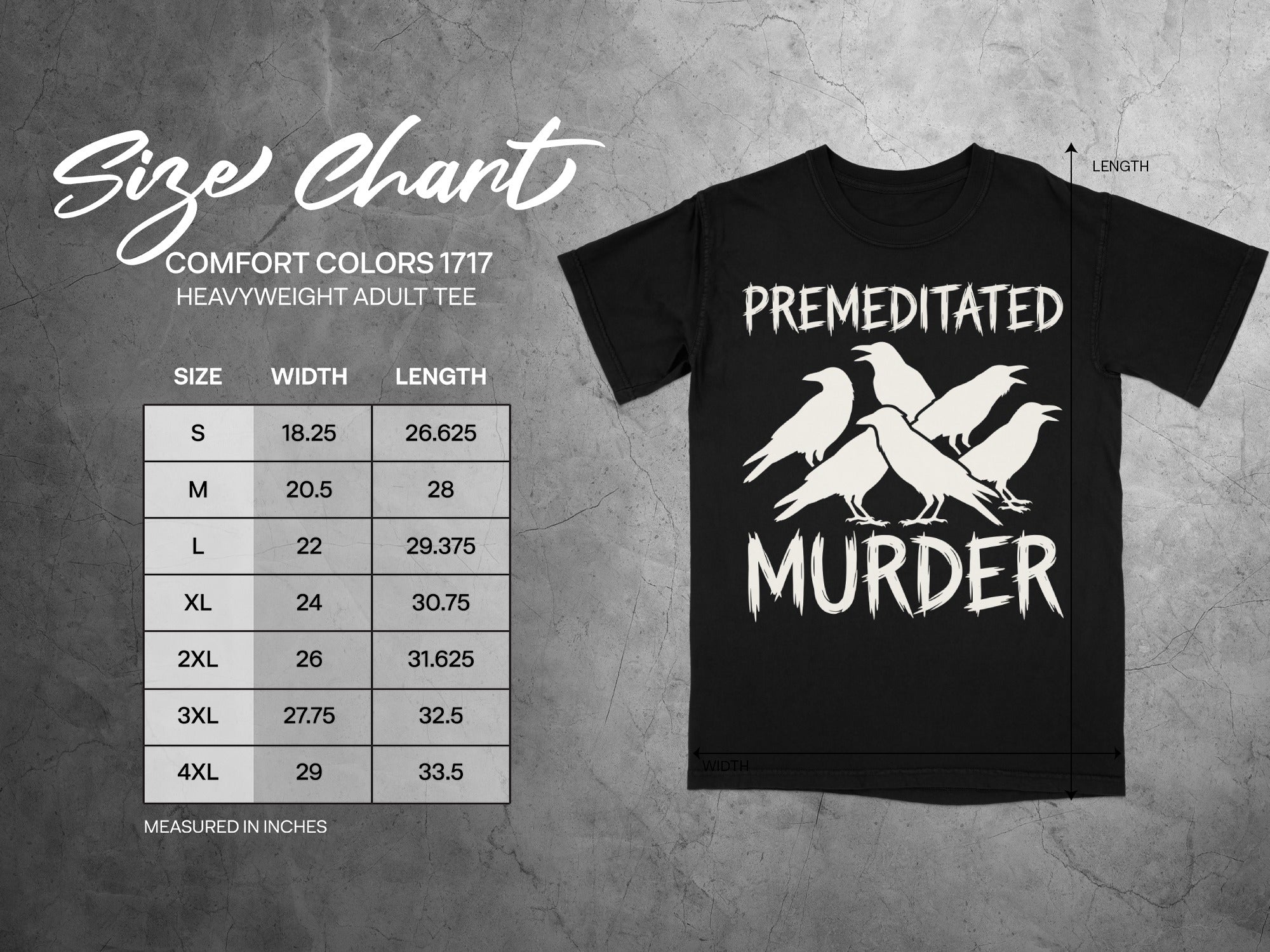 Size chart for heavyweight adult tee with "Premeditated Murder" graphic and crow illustration.