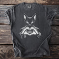 Black t-shirt with a white graphic of a cat forming a heart shape with its hands.