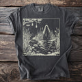 Dark gray t-shirt with a white illustration of a ghost among marsh reeds with dragonflies and hanging jars.